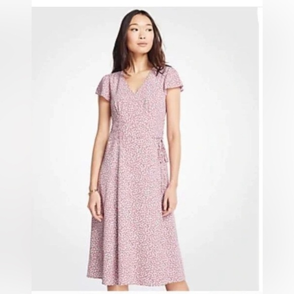 Ann Taylor Ditsy Red Poppy Floral Wrap Fit Flare Midi Dress Size 2 - Picture 13 of 13